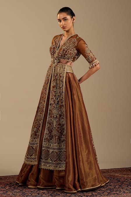 Cedar & Pine_Brown Tissue, Tulle Embroidery, Zari, Tassels V-neck Sienna Jacket And Skirt Set _at_Aza_Fashions