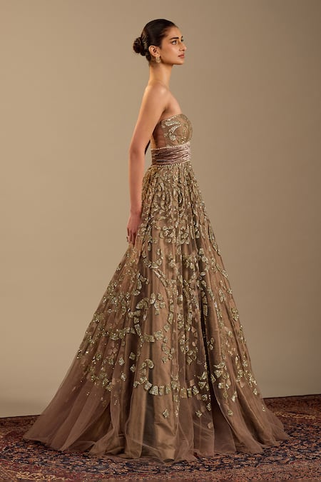 Buy Cedar & Pine Brown Velvet, Tulle Embroidery, Sequins, Stones Sweetheart Neck Sophea Gown Online at Aza Fashions Buy_Cedar & Pine_Brown Velvet, Tulle Embroidery, Sequins, Stones Sweetheart Neck Sophea Gown _Online_at_Aza_Fashions