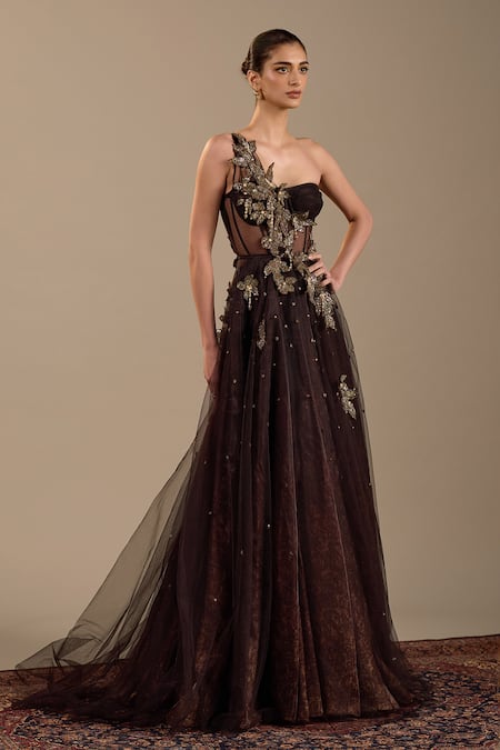 Cedar & Pine_Brown Tulle Embroidery, Sequins, Applique One Shoulder Titian Corset Gown _Online_at_Aza_Fashions