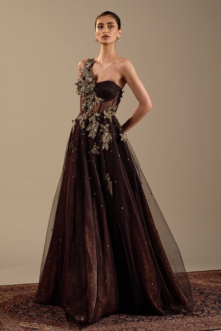 Buy_Cedar & Pine_Brown Tulle Embroidery, Sequins, Applique One Shoulder Titian Corset Gown _Online_at_Aza_Fashions
