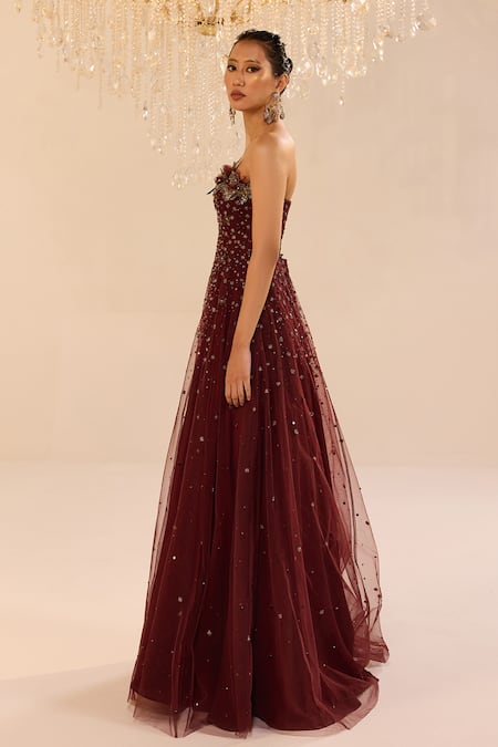 Cedar & Pine_Red Tulle Sequins, Crystals Bandeau Neck Vogue A-line Embroidered Gown _Online_at_Aza_Fashions