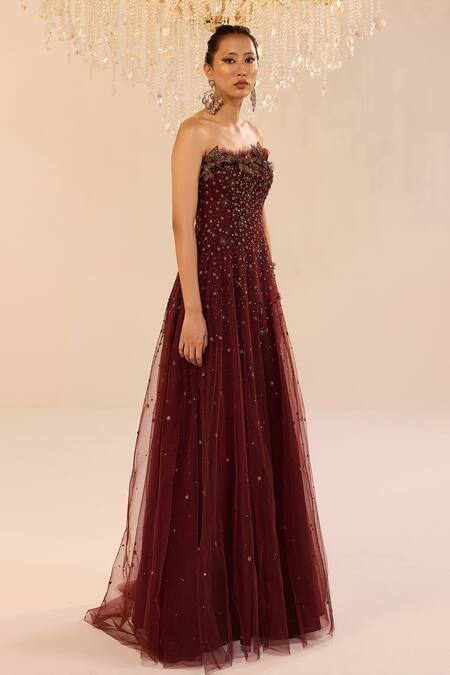 Buy_Cedar & Pine_Red Tulle Sequins, Crystals Bandeau Neck Vogue A-line Embroidered Gown _Online_at_Aza_Fashions