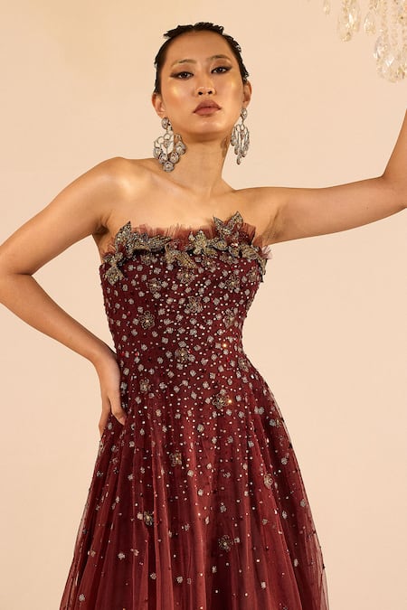 Shop_Cedar & Pine_Red Tulle Sequins, Crystals Bandeau Neck Vogue A-line Embroidered Gown _Online_at_Aza_Fashions