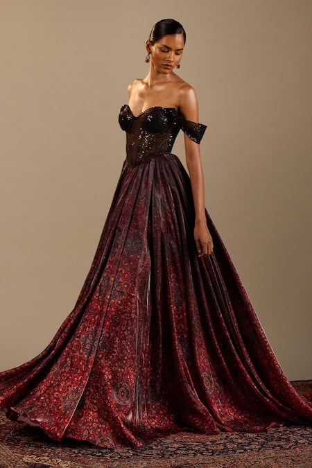 Shop_Cedar & Pine_Black Organza, Tulle Sequins Sweetheart Neck, Lizbeth Printed Off Gown _Online_at_Aza_Fashions