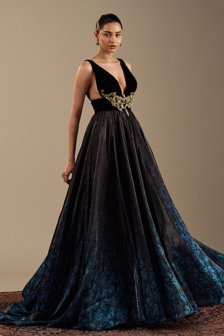 Shop_Cedar & Pine_Blue Organza, Velvet Embroidery Plunge Neck Roma Sleeveless Gown _Online_at_Aza_Fashions