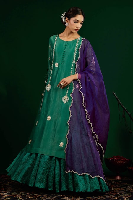 Buy Omana By Ranjana Bothra Emerald Green Tissue, Silk, Shantoon, Chand Embroidered Kurta And Maxi Dress Set Online at Aza Fashions Buy_Omana By Ranjana Bothra_Emerald Green Tissue, Silk, Shantoon, Chand Embroidered Kurta And Maxi Dress Set _Online_at_Aza_Fashions