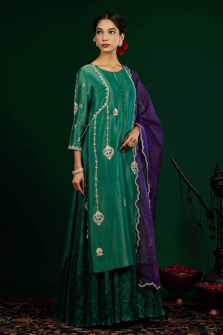 Shop Omana By Ranjana Bothra Emerald Green Tissue, Silk, Shantoon, Chand Embroidered Kurta And Maxi Dress Set Online at Aza Fashions Shop_Omana By Ranjana Bothra_Emerald Green Tissue, Silk, Shantoon, Chand Embroidered Kurta And Maxi Dress Set _Online_at_Aza_Fashions