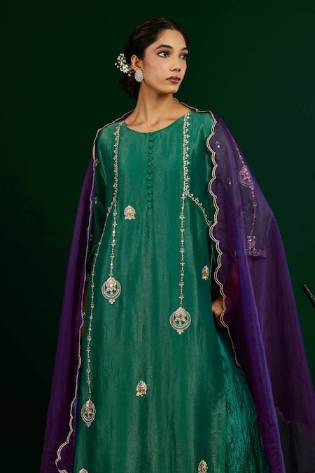 Shop Omana By Ranjana Bothra Emerald Green Tissue, Silk, Shantoon, Chand Embroidered Kurta And Maxi Dress Set Shop_Omana By Ranjana Bothra_Emerald Green Tissue, Silk, Shantoon, Chand Embroidered Kurta And Maxi Dress Set