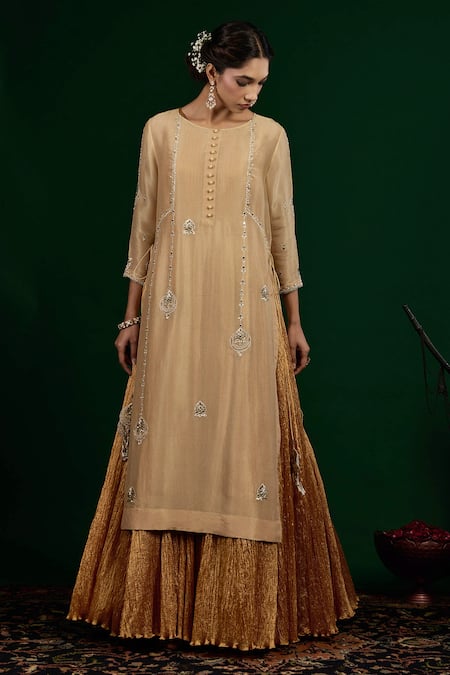 Shop_Omana By Ranjana Bothra_Beige Tissue, Silk, Shantoon, Organza Zari, Chand Embroidered Kurta And Dress Set _Online_at_Aza_Fashions