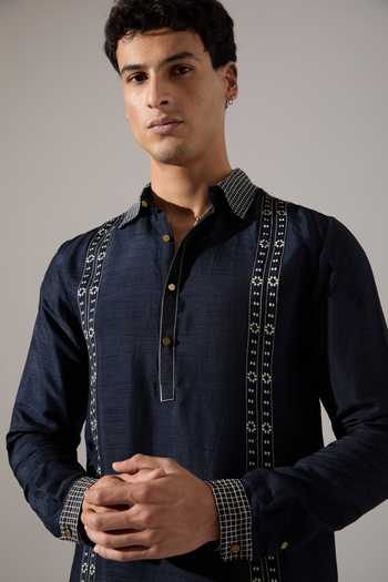 Son Of A Noble Snob_Blue Silk Applique Henry Regal Raw Kurta Set _Online_at_Aza_Fashions