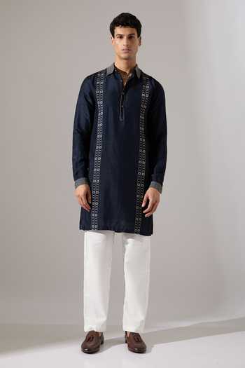 Buy_Son Of A Noble Snob_Blue Silk Applique Henry Regal Raw Kurta Set _Online_at_Aza_Fashions