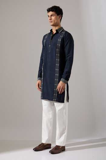 Shop_Son Of A Noble Snob_Blue Silk Applique Henry Regal Raw Kurta Set _Online_at_Aza_Fashions