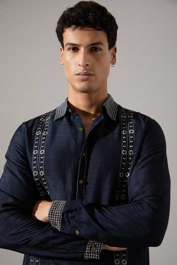 Son Of A Noble Snob_Blue Silk Applique Henry Regal Raw Kurta Set _at_Aza_Fashions