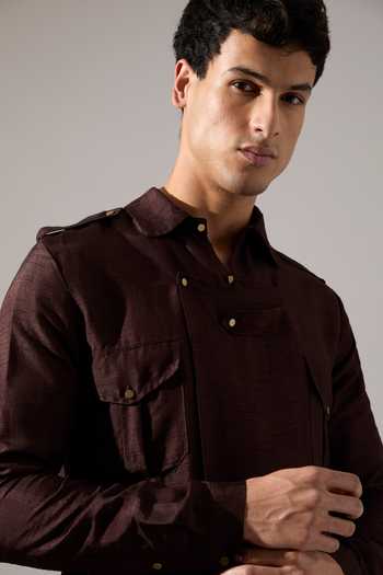 Son Of A Noble Snob_Brown Silk Jim Raw Kurta Set _Online_at_Aza_Fashions