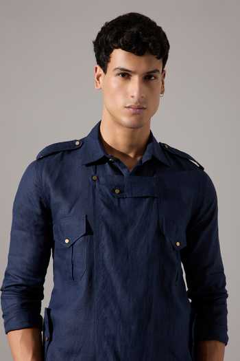 Son Of A Noble Snob_Blue Linen Caleb Kurta Set _Online_at_Aza_Fashions