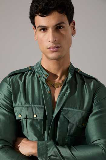 Shop_Son Of A Noble Snob_Green Chanderi Nick Kurta And Pant Set _Online_at_Aza_Fashions