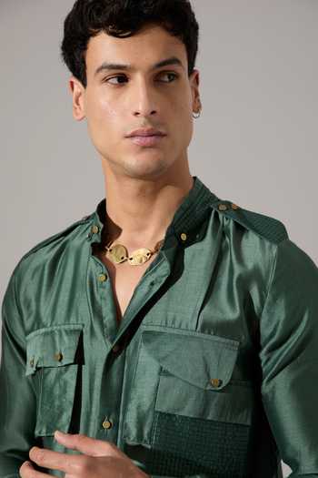 Son Of A Noble Snob_Green Chanderi Nick Kurta And Pant Set _at_Aza_Fashions