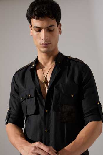 Son Of A Noble Snob_Black Linen Aaron Kurta Set _Online_at_Aza_Fashions