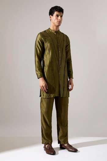 Buy_Son Of A Noble Snob_Olive Green Chanderi Hayden Kurta Set _Online_at_Aza_Fashions