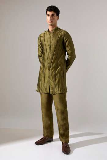 Son Of A Noble Snob_Olive Green Chanderi Hayden Kurta Set _at_Aza_Fashions
