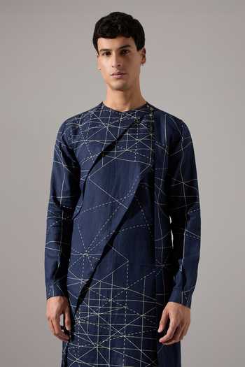 Son Of A Noble Snob_Blue Linen Austin Network Print Kurta And Pant Set _Online_at_Aza_Fashions