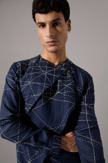 Buy_Son Of A Noble Snob_Blue Linen Austin Network Print Kurta And Pant Set _Online_at_Aza_Fashions