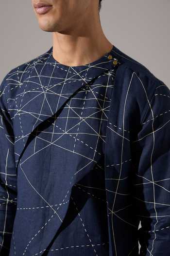 Shop_Son Of A Noble Snob_Blue Linen Austin Network Print Kurta And Pant Set _Online_at_Aza_Fashions