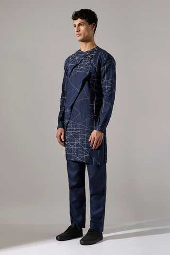 Son Of A Noble Snob_Blue Linen Austin Network Print Kurta And Pant Set _at_Aza_Fashions