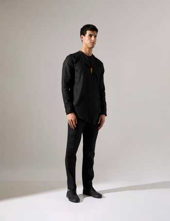 Buy_Son Of A Noble Snob_Black Linen Leo Asymmetric Kurta And Pant Set _Online_at_Aza_Fashions