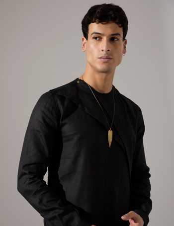 Shop_Son Of A Noble Snob_Black Linen Leo Asymmetric Kurta And Pant Set _Online_at_Aza_Fashions