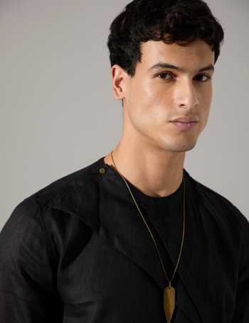 Son Of A Noble Snob_Black Linen Leo Asymmetric Kurta And Pant Set _at_Aza_Fashions
