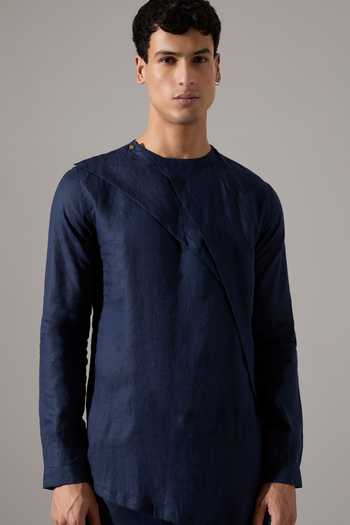 Son Of A Noble Snob_Blue Linen Leo Kurta Set _Online_at_Aza_Fashions