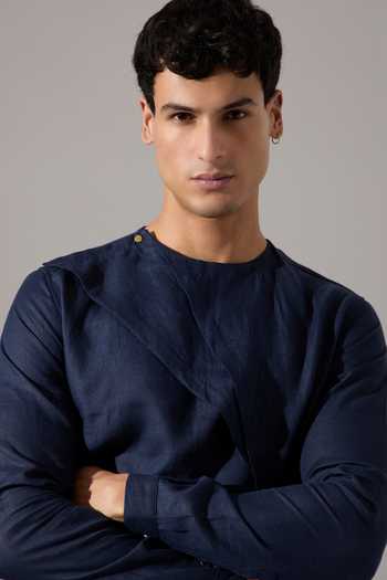 Son Of A Noble Snob_Blue Linen Leo Kurta Set _at_Aza_Fashions