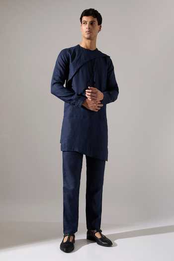 Shop_Son Of A Noble Snob_Blue Linen Brian Kurta And Pant Set _Online_at_Aza_Fashions
