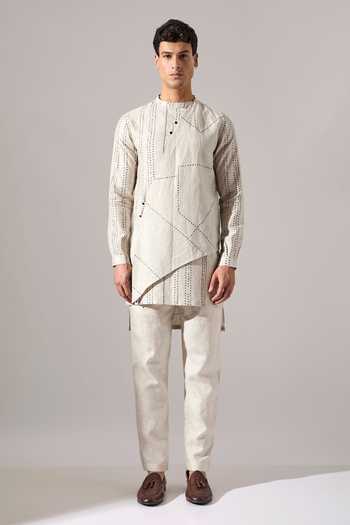 Son Of A Noble Snob_Ivory Linen Caivs Riplee Printed Kurta And Pant Set _at_Aza_Fashions
