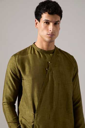 Son Of A Noble Snob_Olive Green Silk Caivs Raw Kurta Set _Online_at_Aza_Fashions