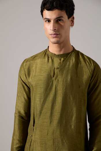 Buy_Son Of A Noble Snob_Olive Green Silk Caivs Raw Kurta Set _Online_at_Aza_Fashions
