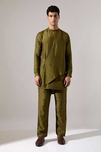 Shop_Son Of A Noble Snob_Olive Green Silk Caivs Raw Kurta Set _Online_at_Aza_Fashions