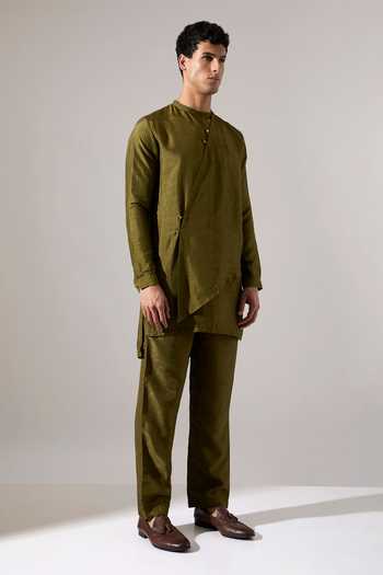Son Of A Noble Snob_Olive Green Silk Caivs Raw Kurta Set _at_Aza_Fashions