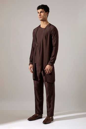 Shop_Son Of A Noble Snob_Brown Modal Orion Asymmetric Kurta Set _Online_at_Aza_Fashions
