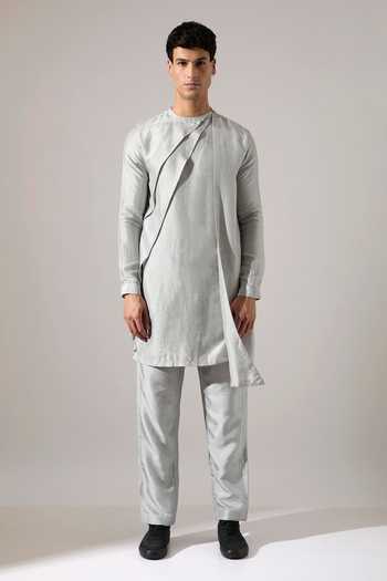 Shop_Son Of A Noble Snob_Grey Silk Dorian Raw Kurta Set _Online_at_Aza_Fashions