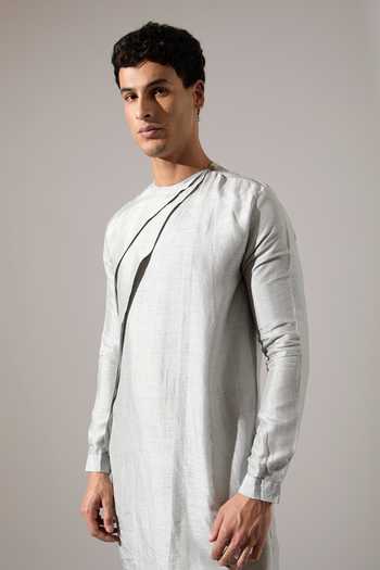 Son Of A Noble Snob_Grey Silk Dorian Raw Kurta Set _at_Aza_Fashions