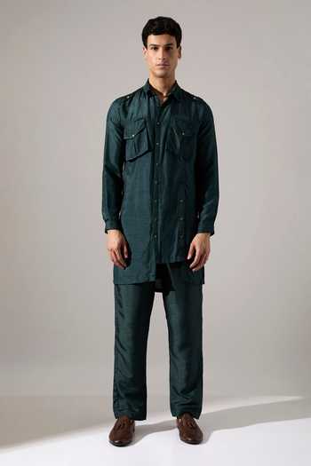 Shop_Son Of A Noble Snob_Green Silk Ansel Kurta Set _Online_at_Aza_Fashions