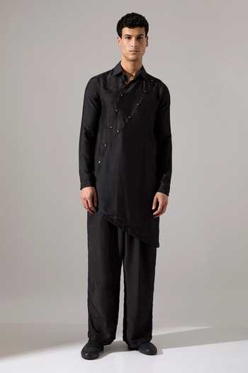 Son Of A Noble Snob_Black Modal Studs Theon Asymmetric Kurta Set _Online_at_Aza_Fashions