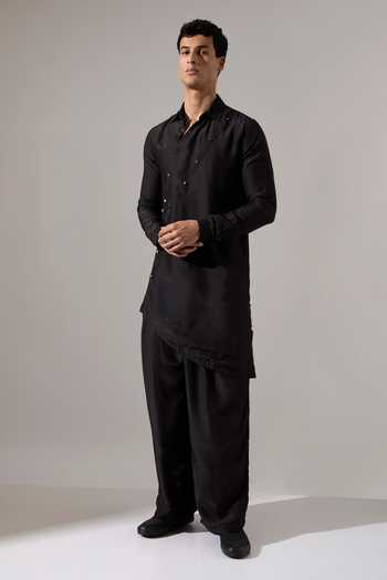 Son Of A Noble Snob_Black Modal Studs Theon Asymmetric Kurta Set _at_Aza_Fashions