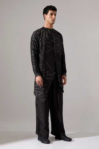 Shop_Son Of A Noble Snob_Black Modal Network Print Kurta And Pant Set _Online_at_Aza_Fashions