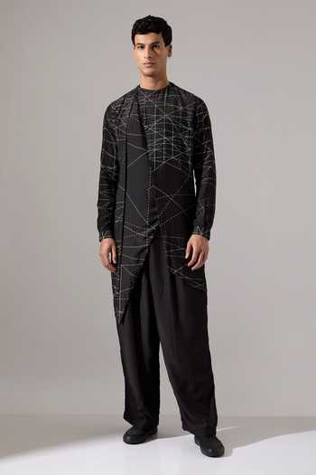 Son Of A Noble Snob_Black Modal Network Print Kurta And Pant Set _at_Aza_Fashions