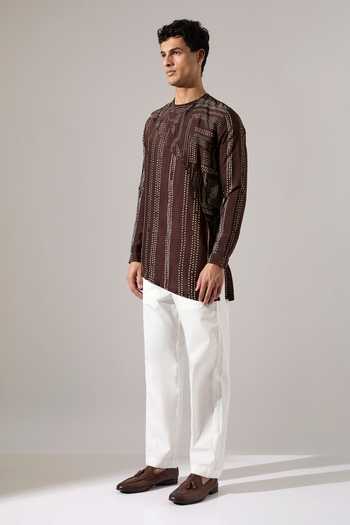 Son Of A Noble Snob_Brown Silk Corey Dot And Shibori Kurta Set _Online_at_Aza_Fashions