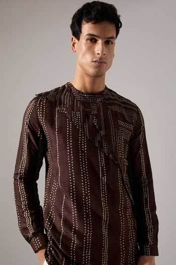 Shop_Son Of A Noble Snob_Brown Silk Corey Dot And Shibori Kurta Set _Online_at_Aza_Fashions