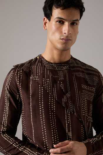 Son Of A Noble Snob_Brown Silk Corey Dot And Shibori Kurta Set _at_Aza_Fashions